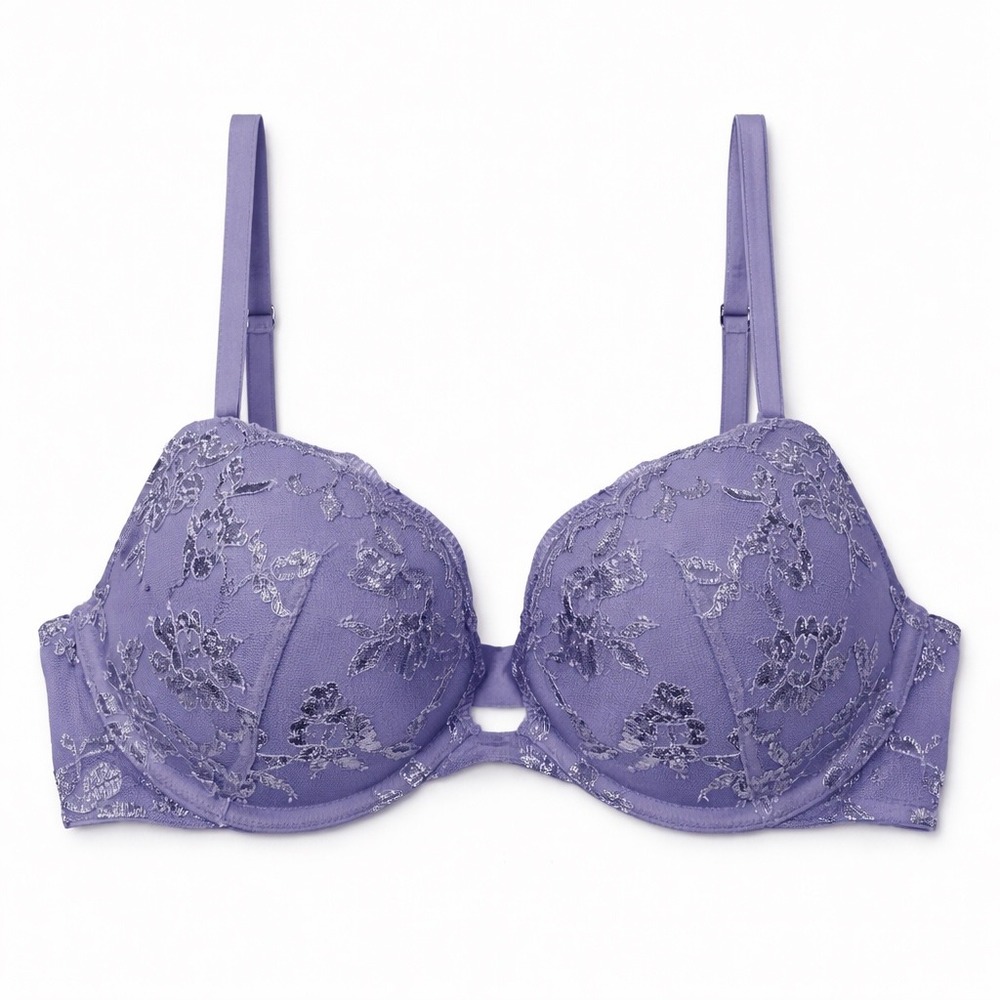 Victorias Secret Dream Angels Push-Up Bra 32D Lavender Lace Metallic Floral